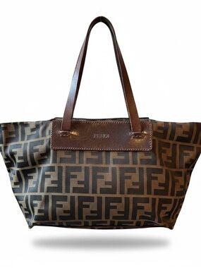 Fendi Zucca FF Monogram Canvas Tote Bag Brown Leather Trim Shoulder Bag
